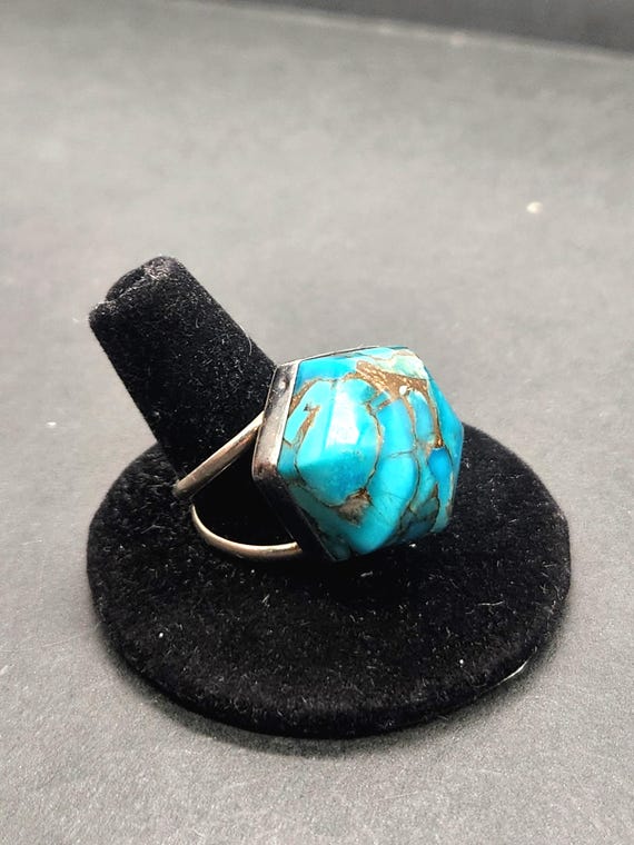 Jay King Mines DRT Turquoise Ring | Sterling Silver Hexagon | Natural Veining Sz 7.5 | Vintage Desert Rose Trading Co