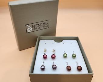 Honora Sterling Silver Cultured Pearl Drop Earrings: Silver, Red, Green, Brown - Set of Four