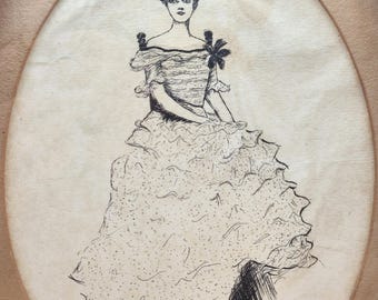 Harrison Fisher 1906 Original Signed Ink Drawing - Victorian Woman Portrait, Ms. Alice F. Bradford - Rare Fisher Girl Art