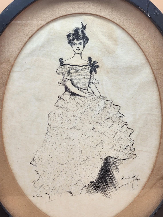 Harrison Fisher 1906 Original Signed Ink Drawing - Victorian Woman Portrait, Ms. Alice F. Bradford - Rare Fisher Girl Art