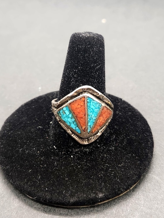 Vintage Navajo Turquoise Coral Ring Sz 7.5 - Art Deco Sterling Silver Mosaic Southwestern Chip Inlay Jewelry - Reversible