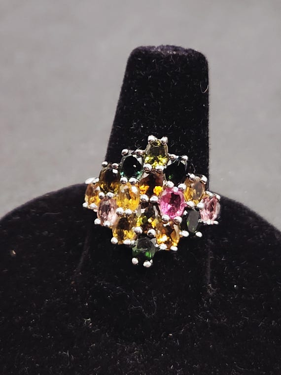 Vintage Sterling Silver Tourmaline Ring | Diamond Shape Cluster | Size 5 Gemstone Ring | Estate Jewelry Gift