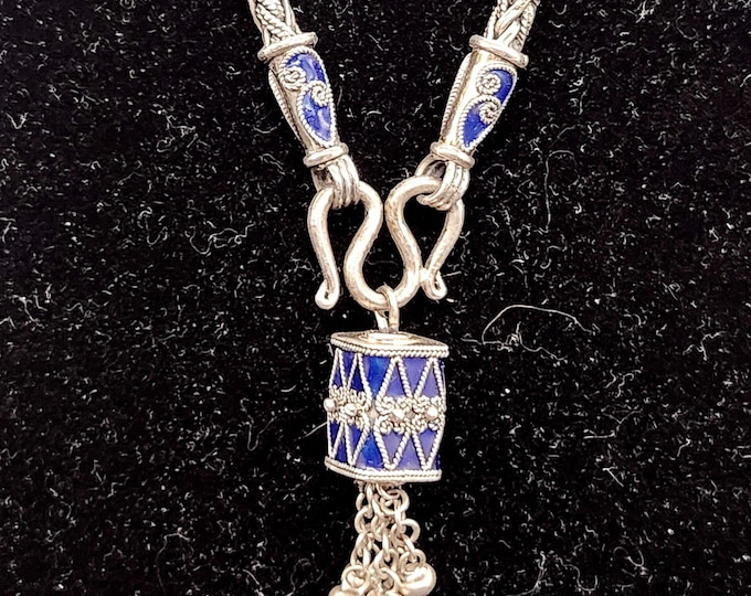 Featured listing image: Sterling Silver Braided Chain Necklace | Ornate Enamel Tassel Pendant | Blue Green Red Filigree 19" Chain | Boho Chic Gift