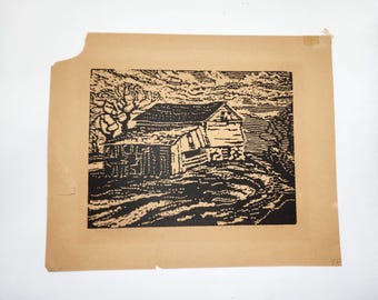 1922 Anna Elizabeth Keener Linocut Print: "The Barn on the Hill"