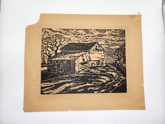 1922 Anna Elizabeth Keener Linocut Print: "The Barn on the Hill"