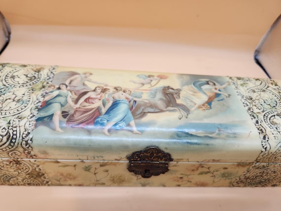 Antique Victorian Celluloid Glove Box: Ornate Brass Clasp, Silk Lined