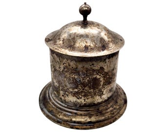 Victorian Silverplate Biscuit Box | Vintage Etched Brass Container | Indian Reproduction 7" Tall