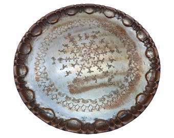 1920s Egyptian Hammered Copper Platter, Silvertone, 14" Diameter, Eqyptian Wall Hanging, Embossed Bird Design