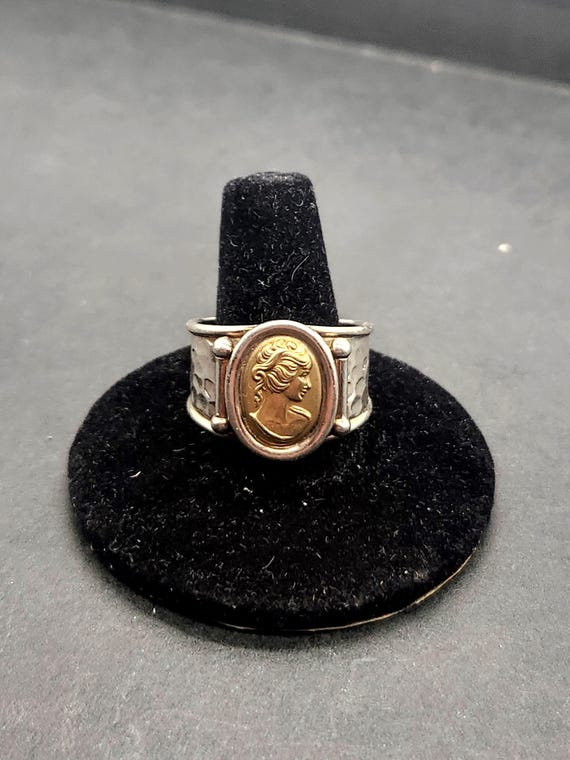 Italian 14K Gold Cameo Ring - Hammered Sterling Silver, Size 9.5 | Vintage Style Jewelry | 925 Italy Gold