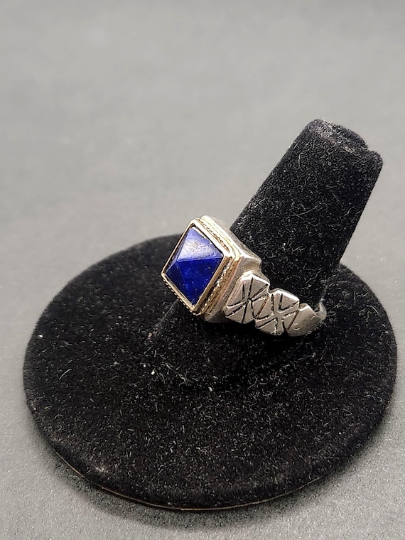 Art Deco Lapis Lazuli Ring | Pyramid Cut Stone, 850 Silver & 14K Gold Setting | Size 6 Vintage Fine Jewelry