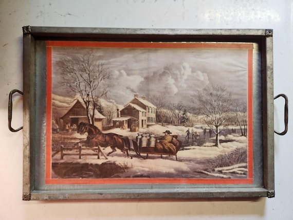 Vintage Art Deco Metal Serving Tray: Horses Lithograph & Reverse Foil