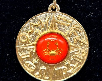 Vintage Cancer Zodiac Necklace | Gold Tone Pendant with Red Center | 18" Chain Made in Germany