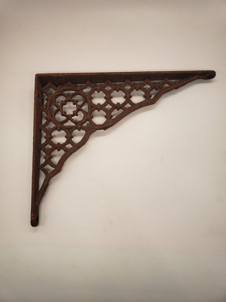 Victorian Era Cast Iron Shelf Bracket, Ornate Design, Rusty Metal