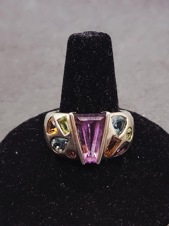 Vintage Sterling Silver Ring | Multicolor Gemstone Inlay | Size 8 | Marked 925 | Real Gemstones