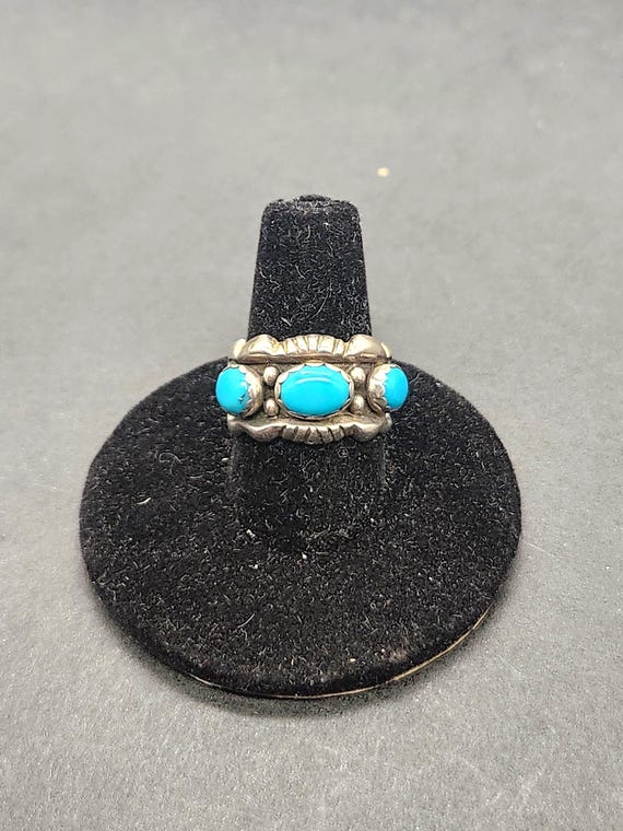 Vintage Navajo Ring | Sterling Silver Inlay Turquoise Triangles Band | Native American Jewelry Size 5 | Boho Gift for Her
