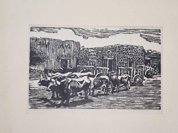 Anna Elizabeth Keener: Oxen and Carts Block Print on Onion Skin Paper