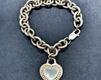 Judith Ripka Sterling Silver Heart Tag Charm Bracelet | Heavy Chain, 8 Inch (Signed)