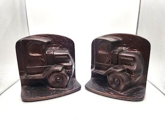 Art Deco Bronzed Cast Iron Mack Diesel Truck Bookends - Heavy 4lbs, 5.5" x 5.5" - Vintage Home Decor
