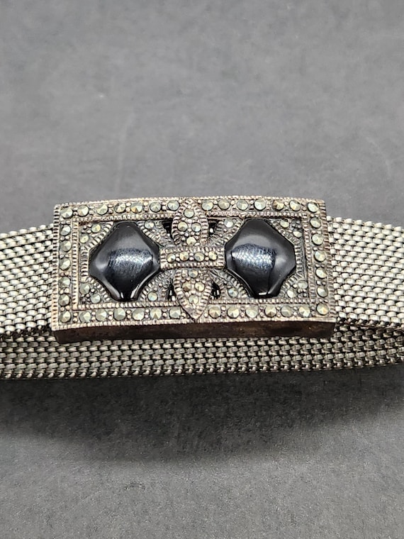 Art Deco Judith Jack Sterling Silver Marcasite Onyx Expandable Mesh Bracelet