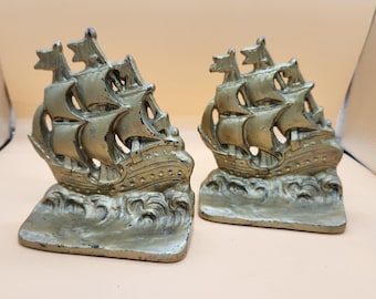 Pair of MCM Nautical Bookends - Spanish Galleon Ship, Gold Painted Cast Iron Bookends