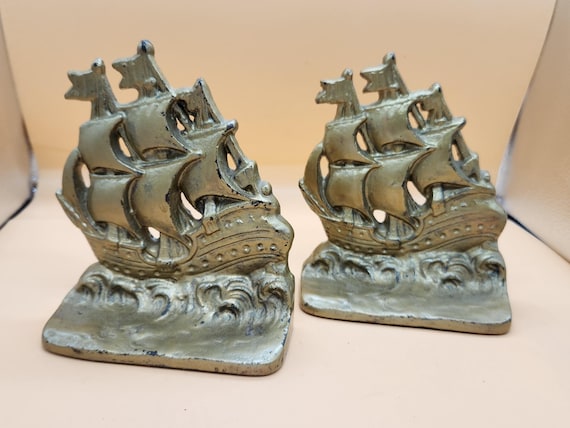 Pair of MCM Nautical Bookends - Spanish Galleon Ship, Gold Painted Cast Iron Bookends