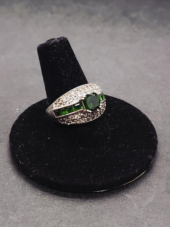 Diopside & CZ Cluster Ring | Sterling Silver Green and White Gemstone Ring | Size 7 Statement Ring | 925 Jewelry