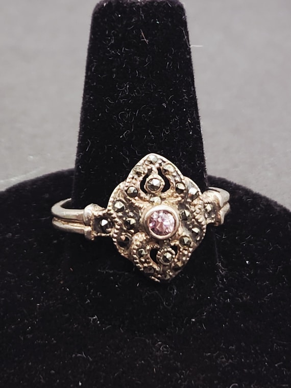 Vintage Art Deco Pink Gemstone Ring | Marcasite Sterling Silver Ring | Size 8.5 Statement Jewelry | Gift for Her