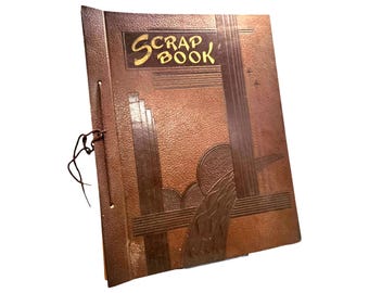 Art Deco Scrap Book | 24-Page Brown Leather Scrapbook with Gilt Title | Vintage 1930s Decor
