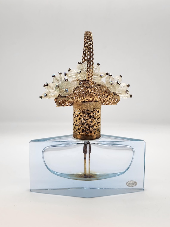 DeVilbiss West Germany Art Glass Flower Basket Perfume Bottle | Art Deco Hand Cut Crystal | Brass Filigree Beaded Top