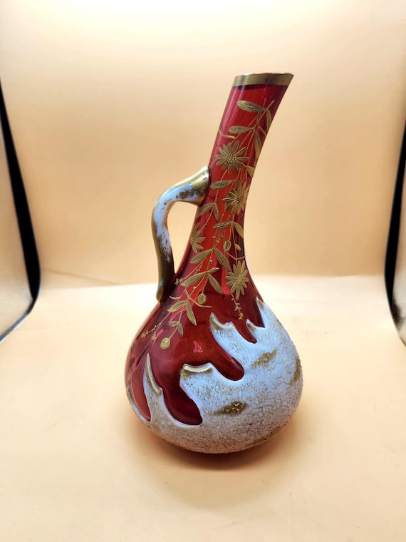 Rare Art Nouveau Vase | Cranberry Milk Glass & Gold Enamel Floral Decor | Early 1900s Bohemian Art Glass Style