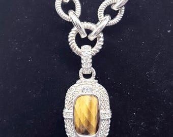 Judith Ripka Vintage Pendant Necklace | Sterling Silver with Tiger Eye & CZ Stones | 18" Heavy Chain | 104g