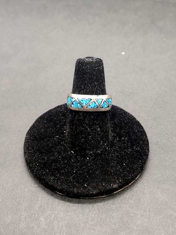 Vintage Navajo Sterling Silver Ring | Inlay Turquoise Triangles Band | Size 5 Native American Jewelry