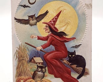 Antique Halloween Postcard | Witch Broom Black Cat Full Moon 1907-1915 | Vintage Divided Back Card