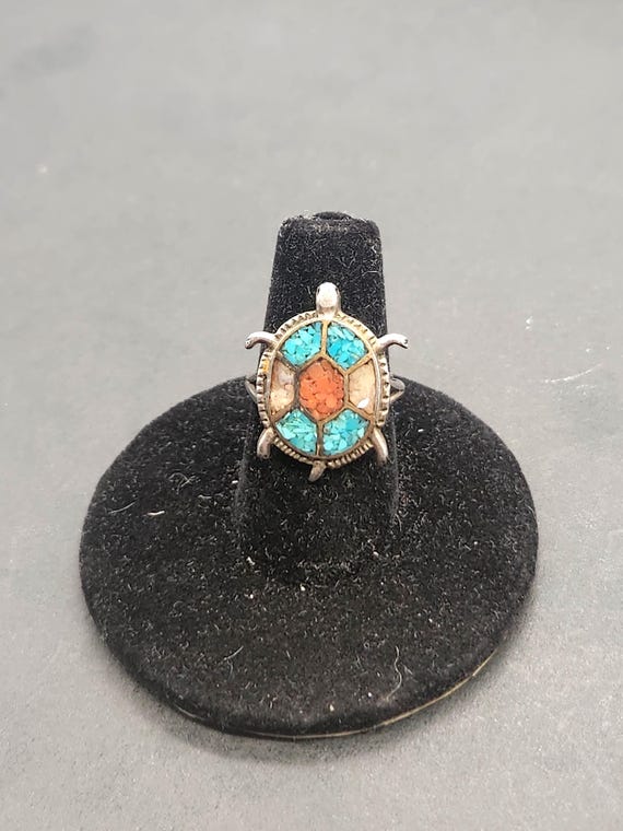 Vintage Southwestern Sterling Silver Navajo Style Turtle Ring | Turquoise Coral Inlay | Size 5 | Boho Jewelry Gift