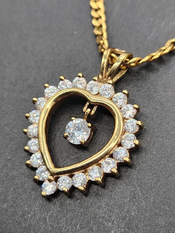 Vintage 14K Gold Over Sterling Silver Heart CZ Pendant Necklace