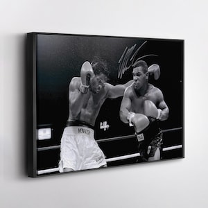 Mike Tyson Poster – Boxing with Sign Black and White Canvas Wall Art – Iconic Athlete Print for Home, Office, or Gym Decor – Framed Option