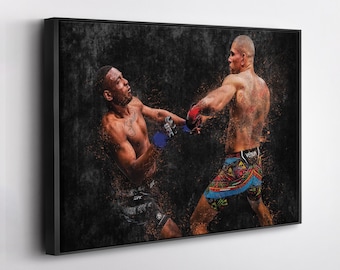 May include: Two men in a boxing ring, one wearing black shorts and the other wearing colorful shorts with the word "VENUM" on them. The men are in mid-fight, with one man throwing a punch and the other blocking it.