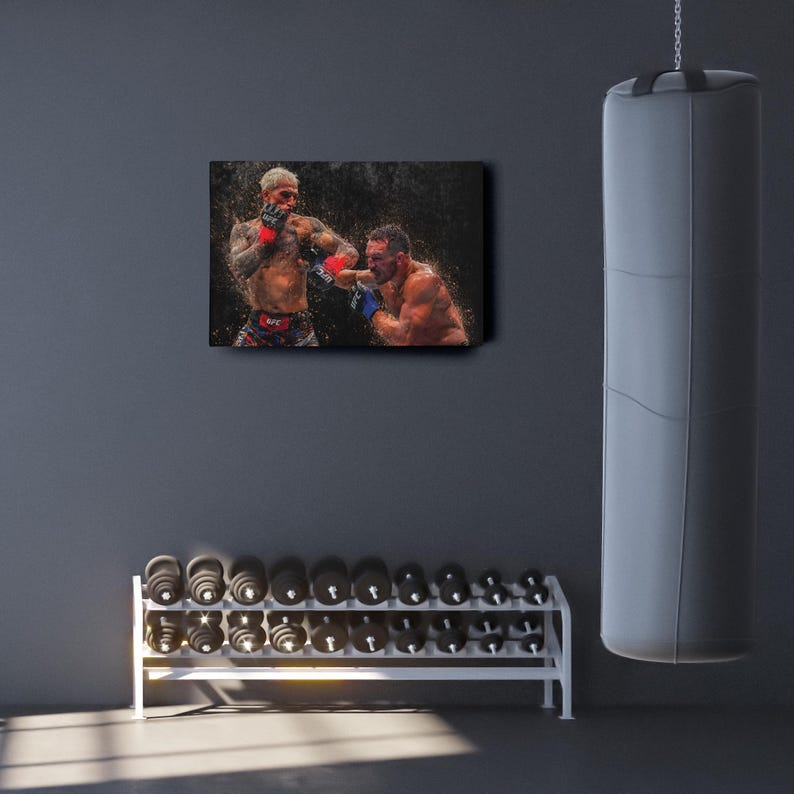 May include: A black and white photo of two men boxing in a ring. The men are wearing boxing gloves and shorts. The photo is printed on a canvas and framed.