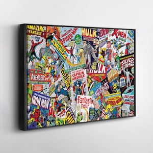 May include: A collage of vintage comic book covers featuring superheroes like Captain America, Iron Man, The Incredible Hulk, and The Fantastic Four. The covers are in various colors and feature action-packed scenes.