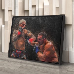 May include: Two men in a boxing ring, one wearing red and blue boxing gloves and the other wearing blue boxing gloves. The man in red and blue gloves is throwing a punch at the man in blue gloves. The background is a dark, gritty, and textured surface.