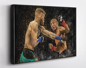 May include: Two mixed martial arts fighters in a boxing match. The fighter on the left is wearing green and black shorts, while the fighter on the right is wearing black and white shorts. Both fighters are wearing blue and white gloves.