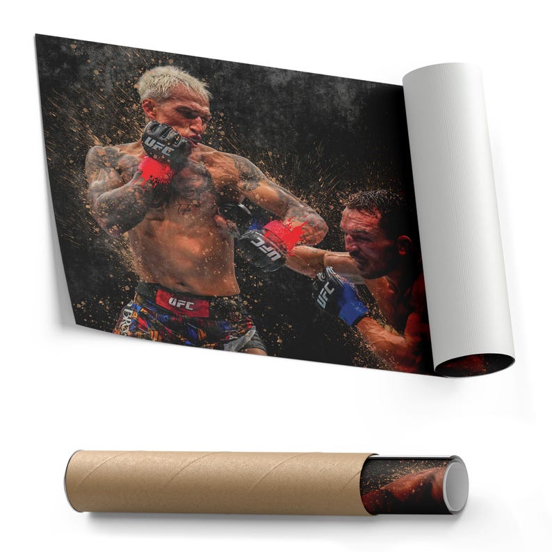 May include: Two mixed martial arts fighters in a boxing match. The fighter on the left is wearing red and blue gloves and a black and white patterned shorts with the word "UFC" on them. The fighter on the right is wearing blue gloves and a black and white patterned shorts with the word "UFC" on them. The background is a dark gray with a water splash effect.