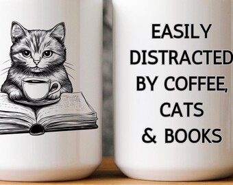 Easily Distracted By Cats and Books Mug, Cat Lover Gift, Book Lover Gift, Funny Cat Coffee Mug, Reading Club, Cat Mom Mug, Cat Mug Gift.