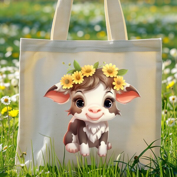 Sunflower baby cow canva Tote Bag, Gift for Her, Reusable bag, sunflower bag, Beach bag, wildflower, Cute cow tote bag, yellow flowers