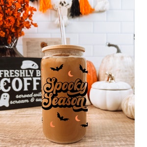Spooky Season Sipper Glass Cup with Lid and Straw, Fall Halloween Gift for Coffee Lovers, Bats Ice Coffee Glass, Aesthetic  Bats Cute Cups.