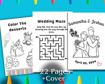 Livre d'activités à colorier personnalisé pour mariage d'enfants, feuilles de travail d'activités, pages à colorier à téléchargement immédiat pour enfants, livre de coloriage de mariage