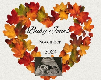 Annuncio di gravidanza digitale/personalizza/foglie autunnali/rivelazione sui social media/annuncio del bambino