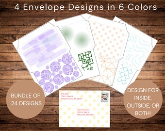 4 Envelope Designs in 6 Colors (Bundle of 24) Red, Orange, Yellow, Green, Blue, Purple