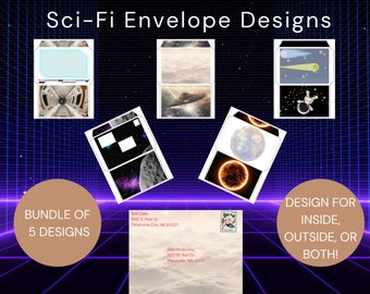 5 modèles d'enveloppes de science-fiction (planètes, galaxies, comètes, météores, ordinateurs)