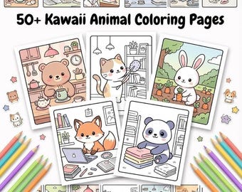 Cute Kawaii Animal Coloring Pages for Kids & Adults | 50+ Cozy Daily Life Coloring Sheets | Printable Relaxing Coloring Book PNG